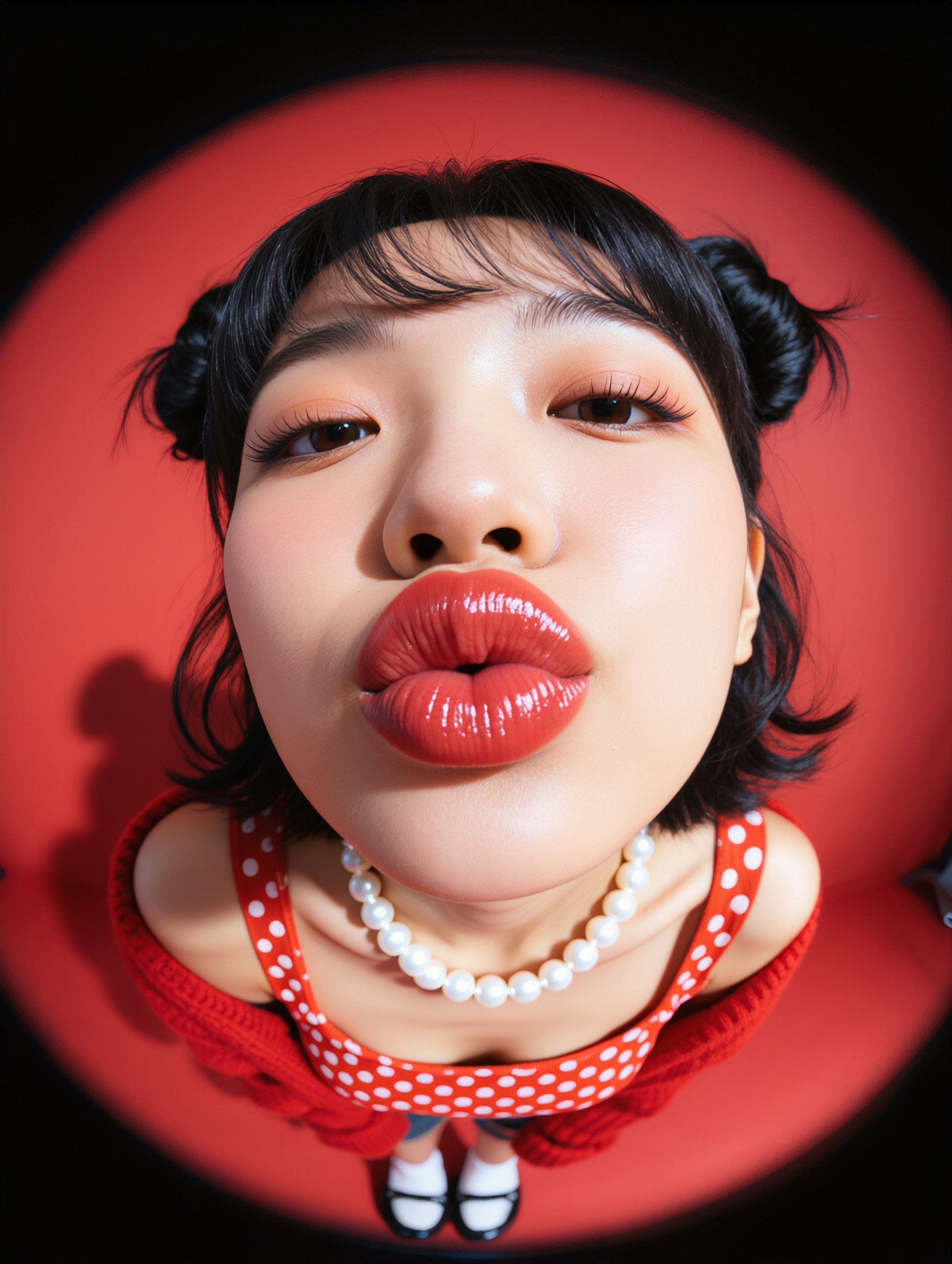 Fisheye kiss portrait transformation.